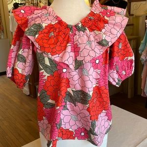 Listicle Floral Blouse with Ruffled Bodice & Elasticized Short Sleeves